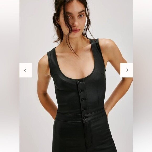 Retrofete Black Coated Denim Jumpsuit Plunge Flare Leg Black Size Small NWT - Picture 9 of 9